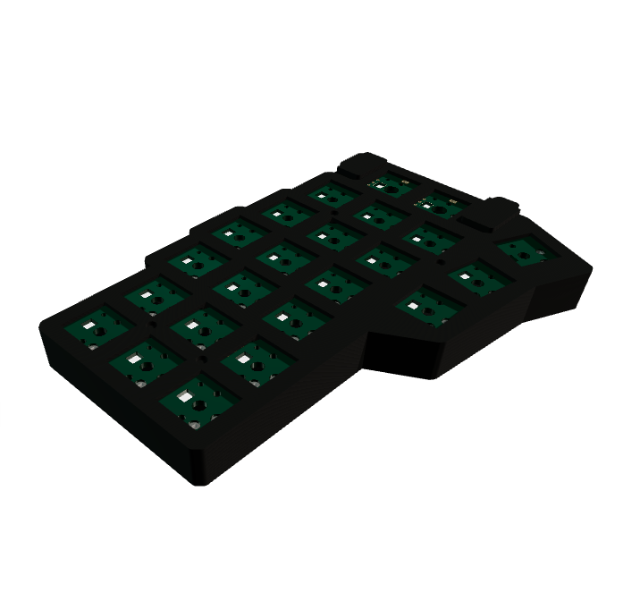 A 3D preview in tscircuit of one Corne keyboard half, with the PCB inside the black enclosure and switch plate