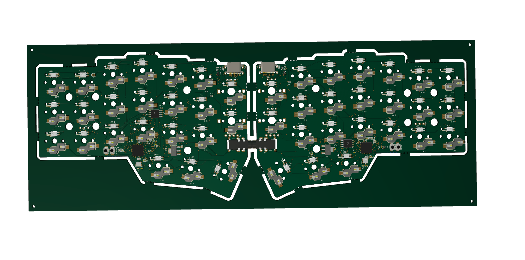 The Corne PCB panel rendered in tscircuit’s 3D viewer, showing both keyboard halves and their components