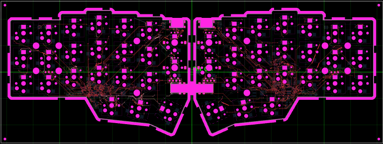 The Corne panel in tscircuit’s PCB viewer, showing both keyboard halves, board outlines, pads, and routing
