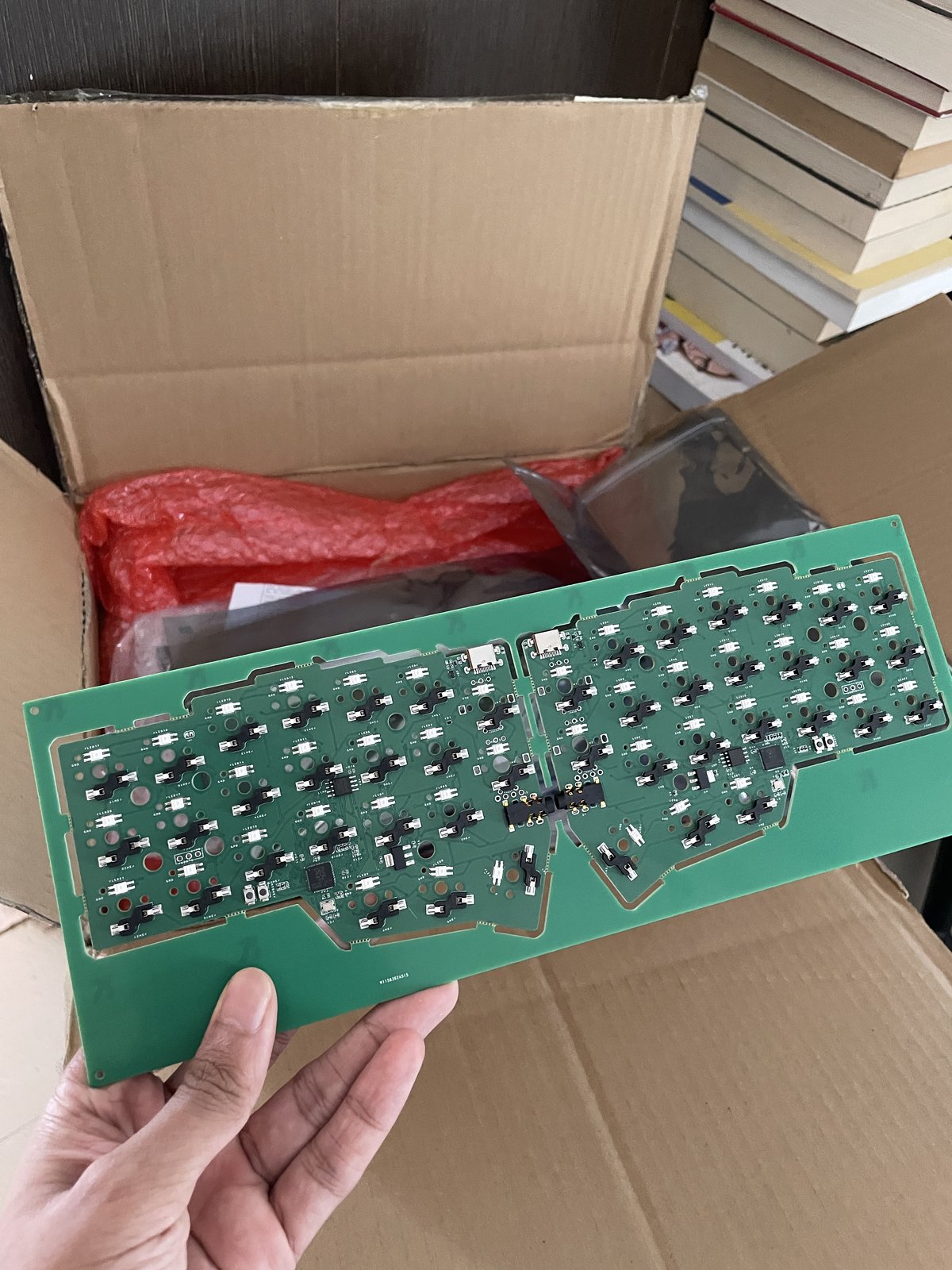 The assembled PCB panel received from PCBWay, with both Corne keyboard halves still attached